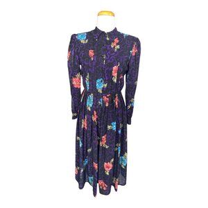 1980's DONNA MORGAN for NSP Raglan Sleeve Dress Floral Pleated Dress Size 3/4